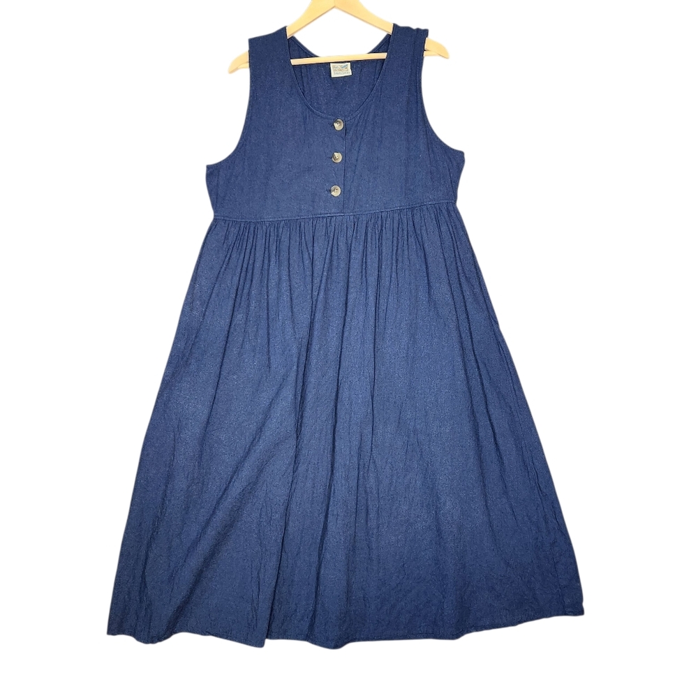 Vintage 90s Cottagecore Blue Sleeveless Dress Jumper Linen Pinafore Grandma L - Picture 5 of 13